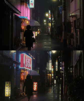 A woman with a transparent umbrella walks down a rainy Tokyo alley lit by neon signs, two formats stacked