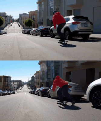 A skateboarder in a red hoodie rides down a San Francisco street and lands a kickflip, two formats stacked