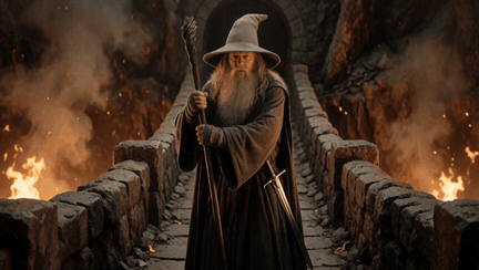 A grey wizard on a stone bridge raises his staff and roars: You shall run on sixteen gigabytes of VRAM on Forge Neo