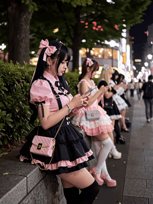 A young woman in Jiraikei fashion checks her phone by a stone wall in Tokyo