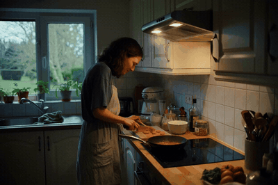 A woman cooks dinner and talks to someone off camera