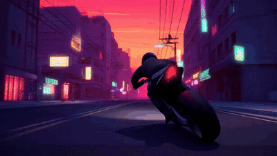 A motorcycle rider in a cel-shaded synthwave city