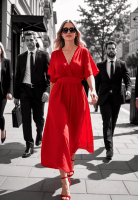 A woman in a red dress walks through a monochrome crowd