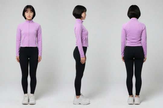 Character sheet: a young woman with a black bob, round glasses and a lavender track jacket, from the front, side and back