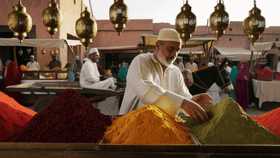 A spice seller in a Marrakech souk holds up a paper cone of saffron