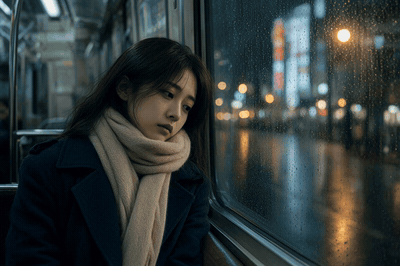 A woman by a train window at night looks outside