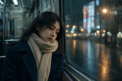 Input: a woman by a train window at night