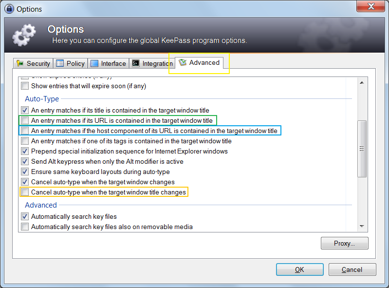 Screenshot of KeePass Options - Advanced Tab - Auto-Type section with highlighted options