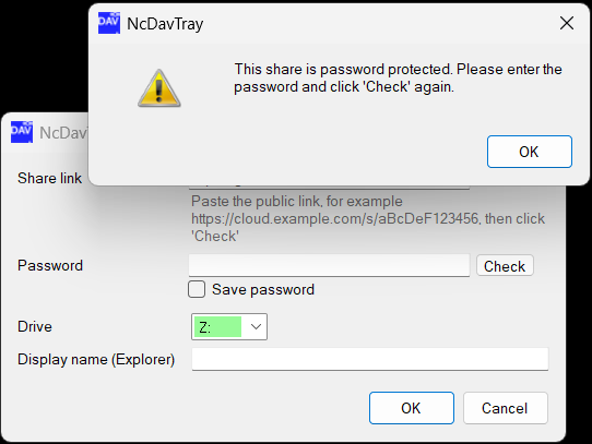 A password-protected share link asking for its password