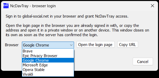 The browser login window, with the list of browsers open