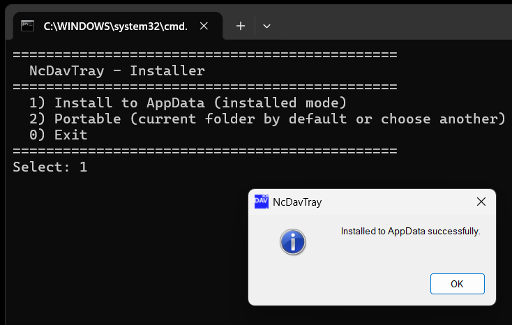 The installer after option 1 has finished