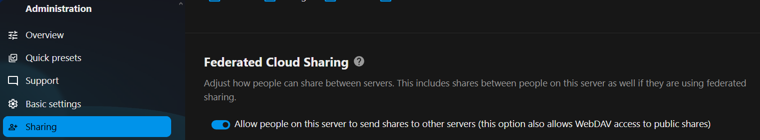 The Federated Cloud Sharing section of a Nextcloud server's Sharing settings