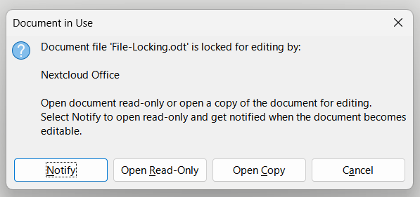 Office reporting that the file is locked by another user