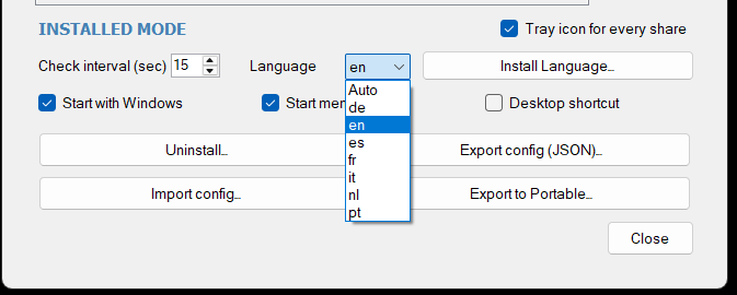 The language picker below the mount list