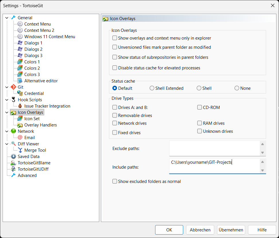 The Icon Overlays page of the TortoiseGit settings, with one folder entered under Include paths