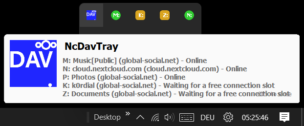 Status balloon after a left-click on the application icon