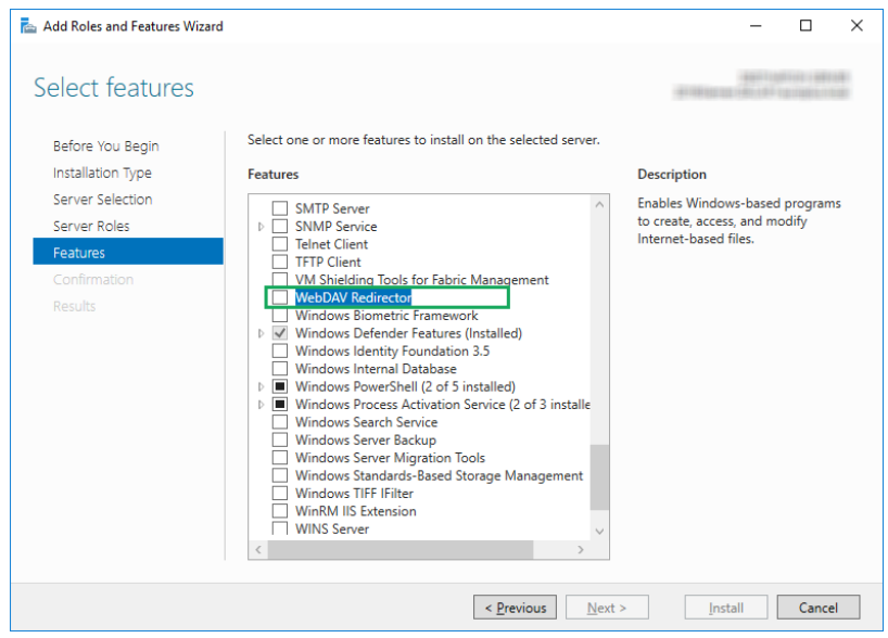 The Features page of the Add Roles and Features wizard, with WebDAV Redirector selected