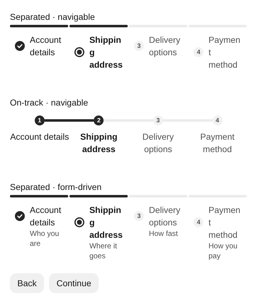 Before: horizontal steppers keep every long label and description in a 320px container