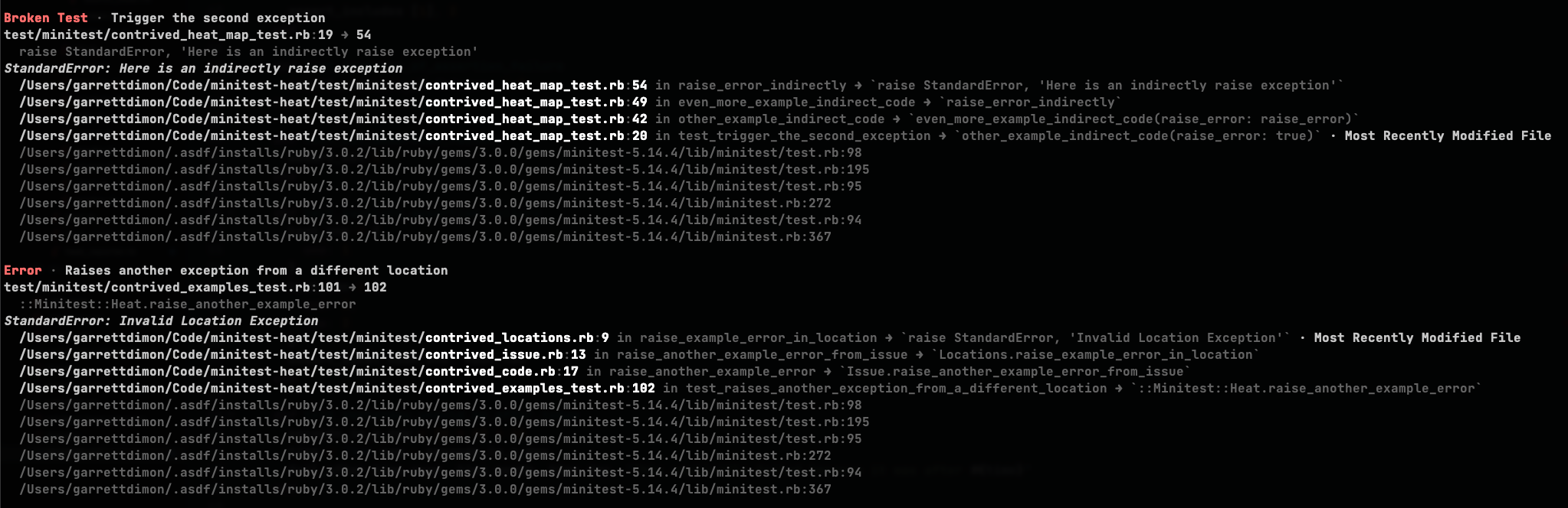 Example Exceptions Displayed by Minitest Heat