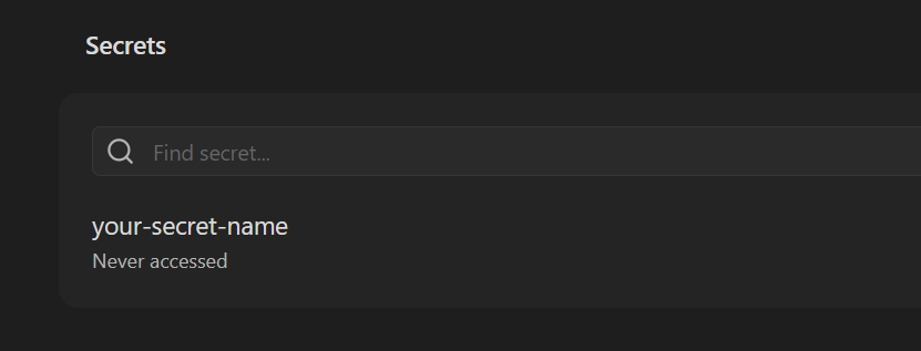 Obsidian Secrets settings: search field and a secret entry using a hyphenated name