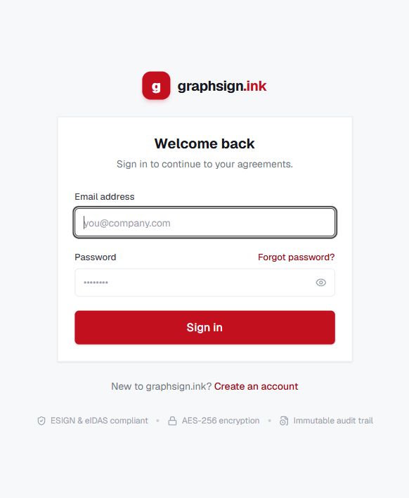 Sign-in screen with email, password, and password recovery controls