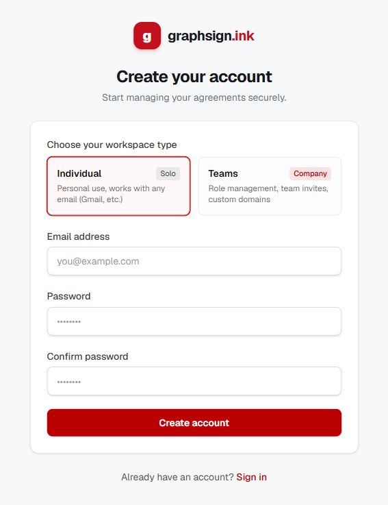 Registration screen showing Individual and Teams workspace choices