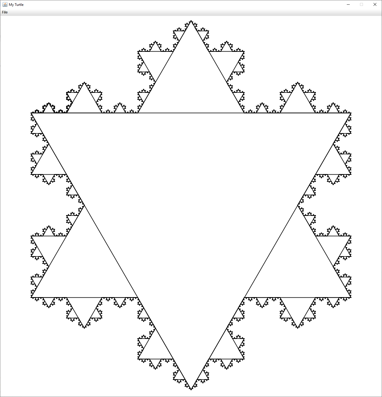 A Koch Snowflake, a triangle with triangles one-third the size along each edge, recursively.