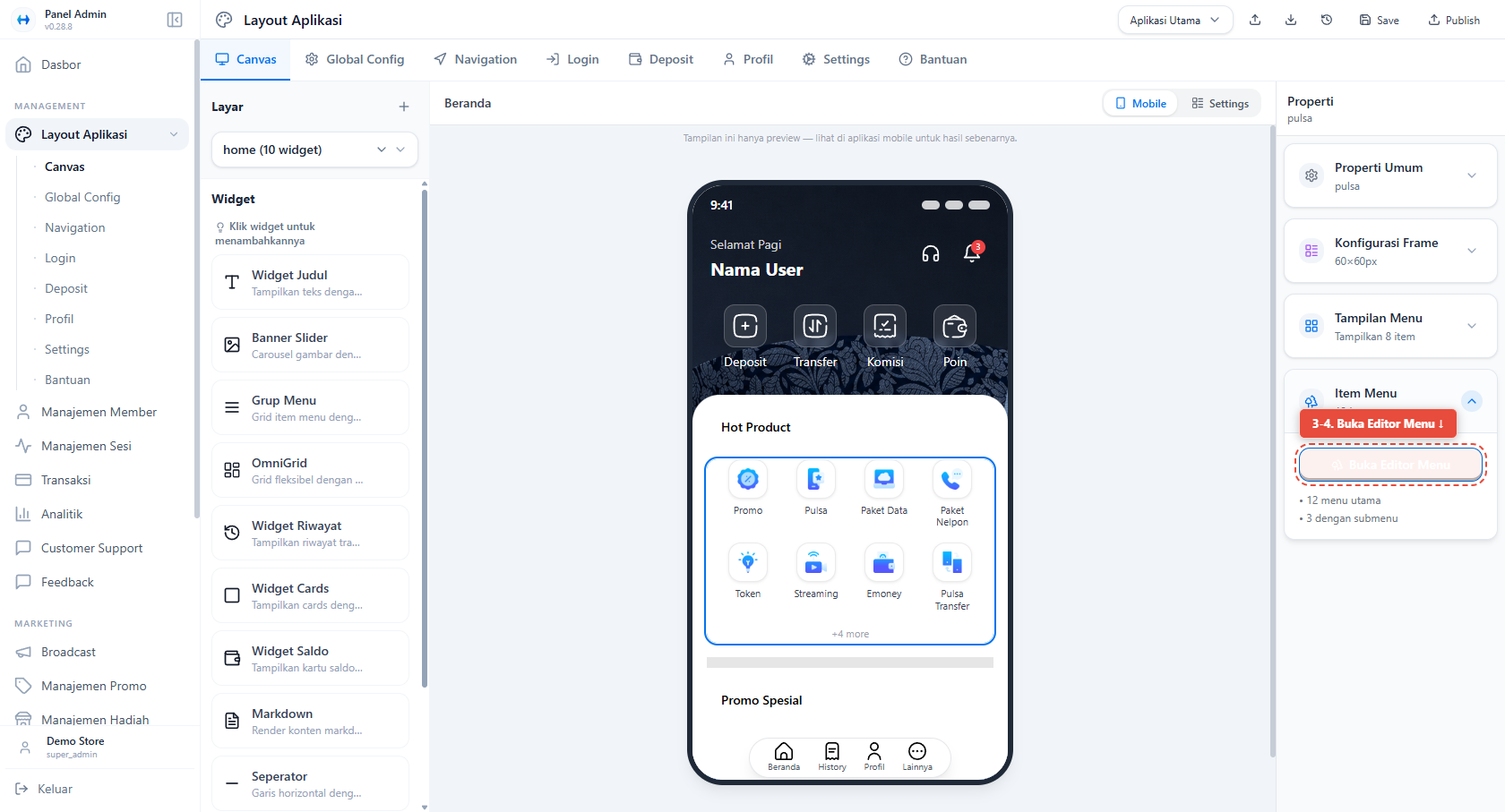 Langkah 3-4 - Item Menu & Buka Editor