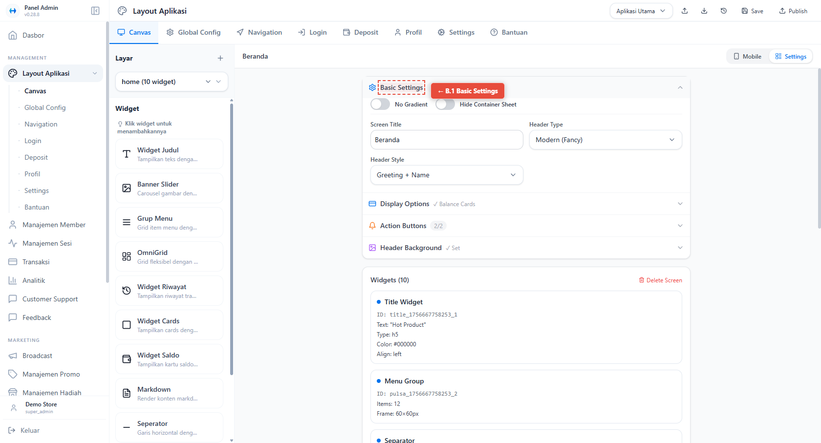 Basic Settings - Screen Title & Header Style
