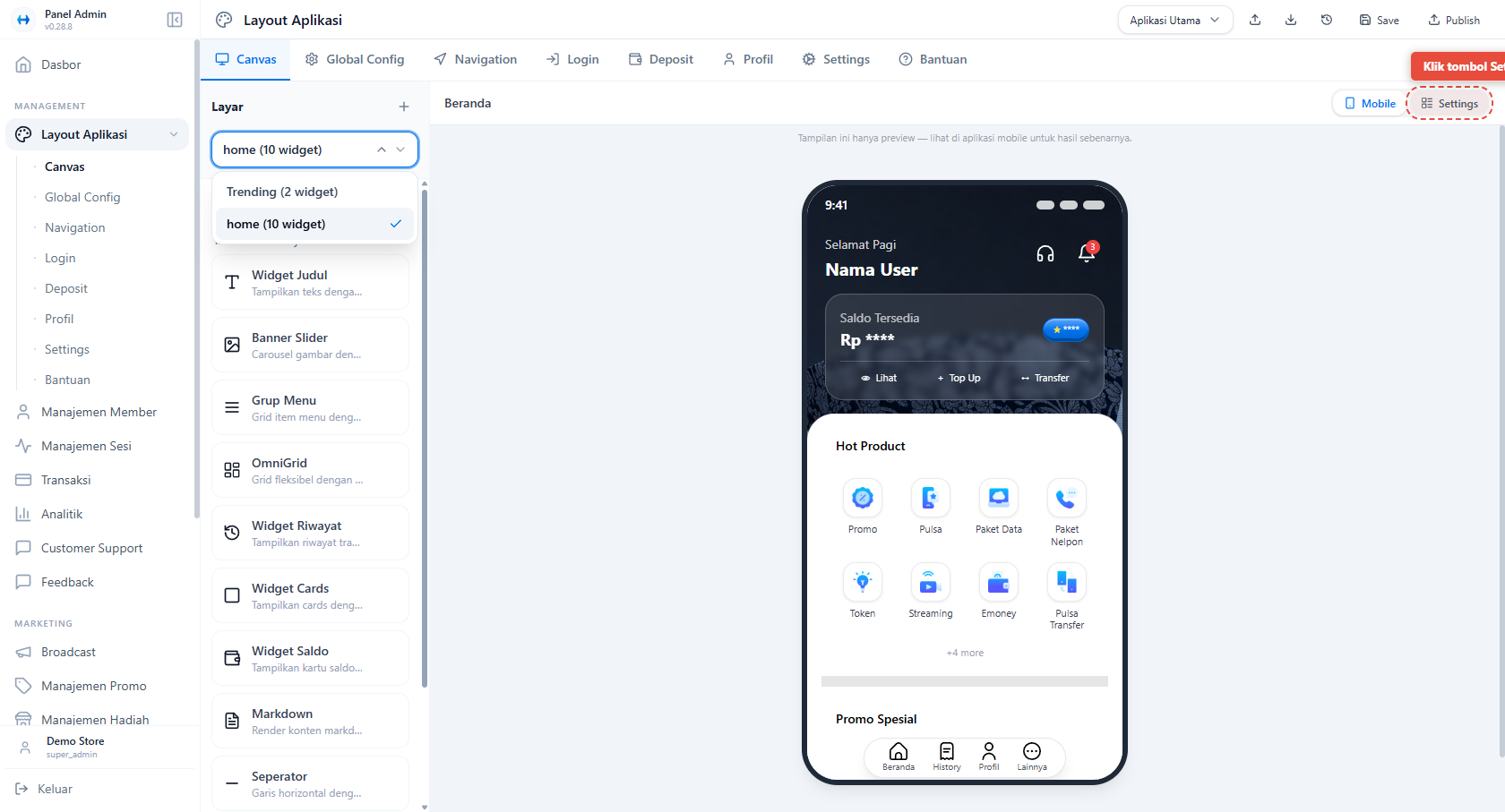 Masuk ke Pengaturan Header - Settings button
