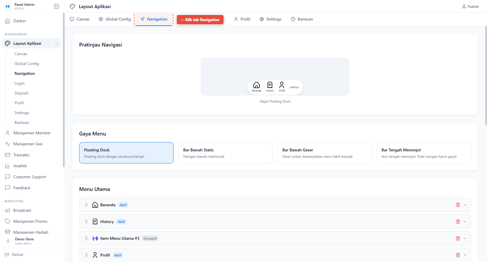 Masuk ke Navigation - Navigation tab