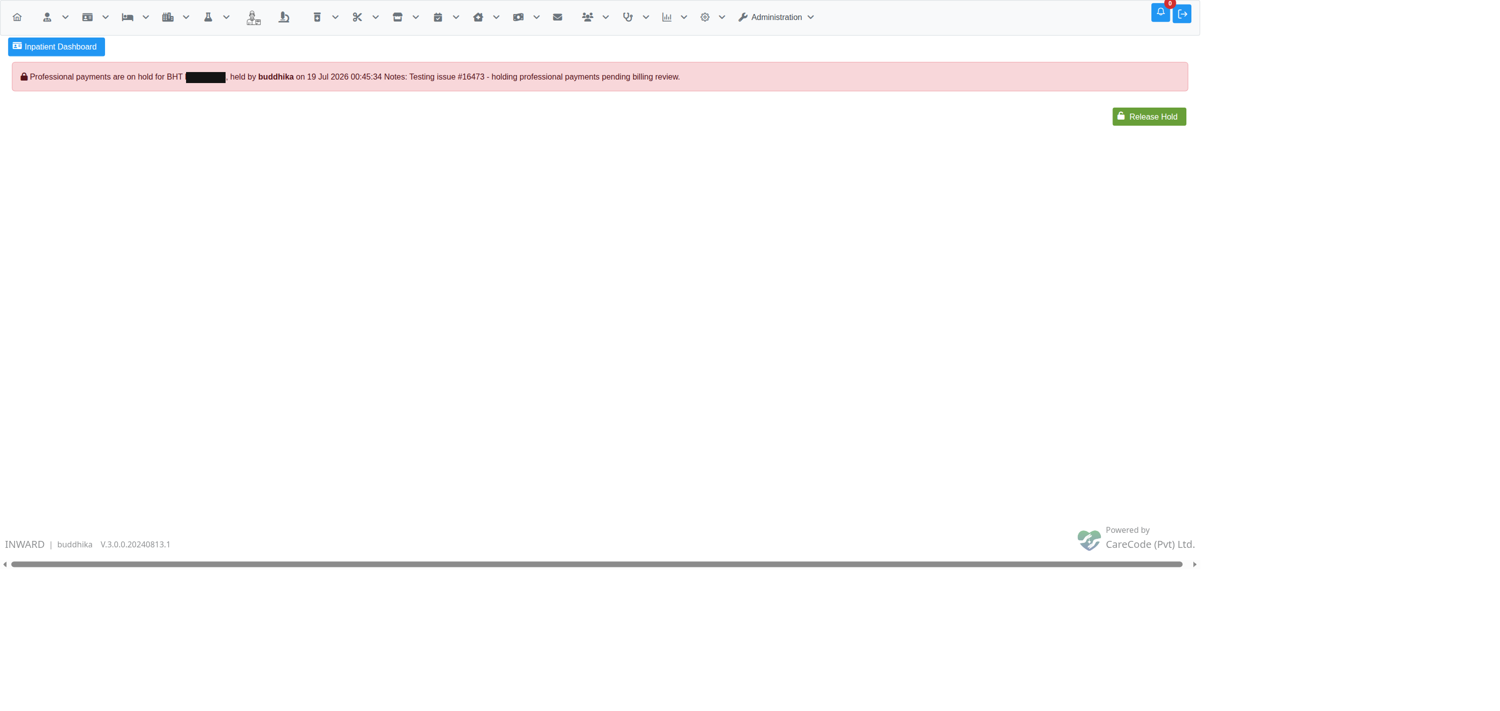 Hold confirmed — audit banner shows who placed the hold, when, and why