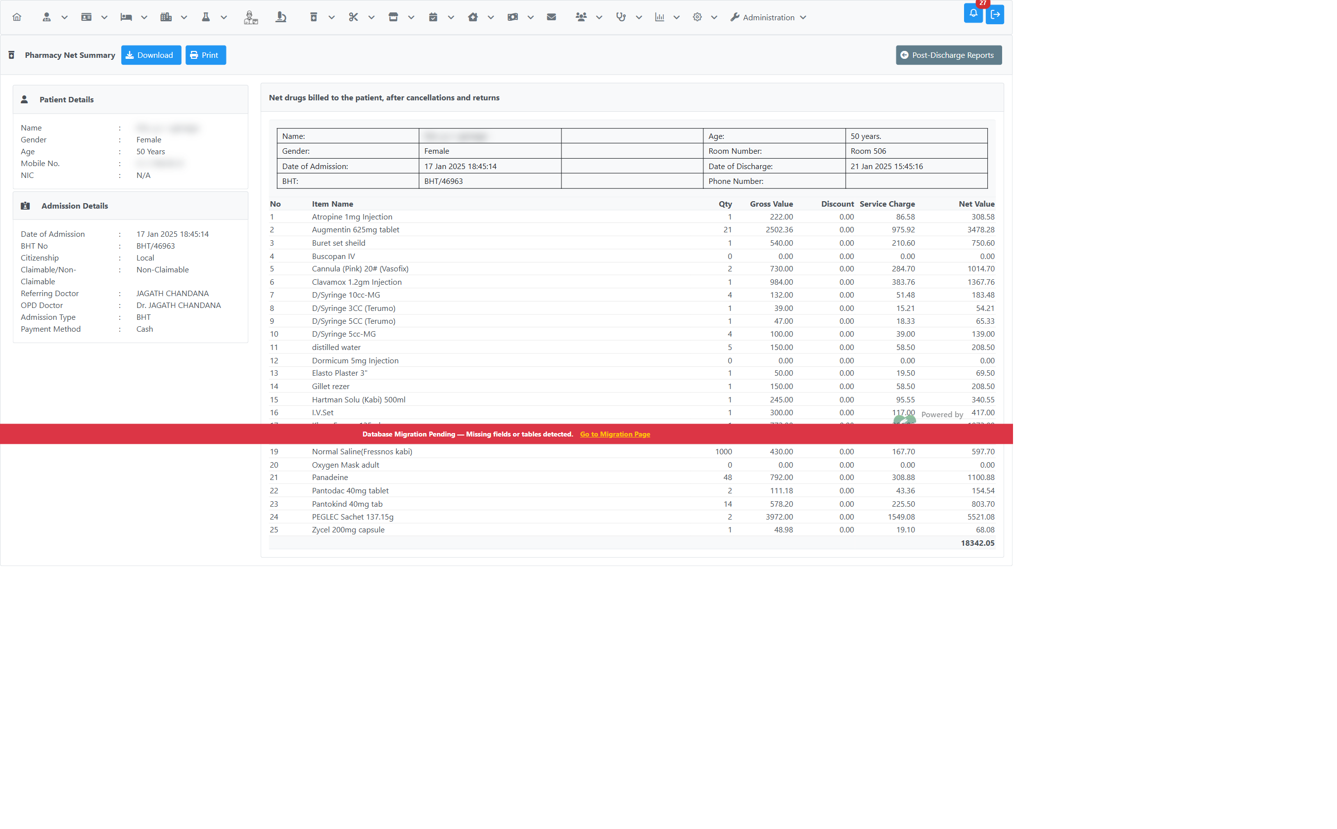 Pharmacy Net Summary report