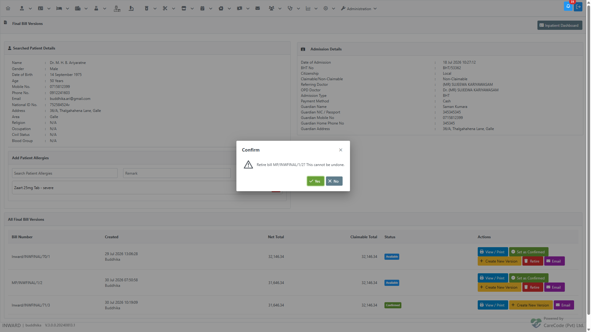 Retire confirmation dialog