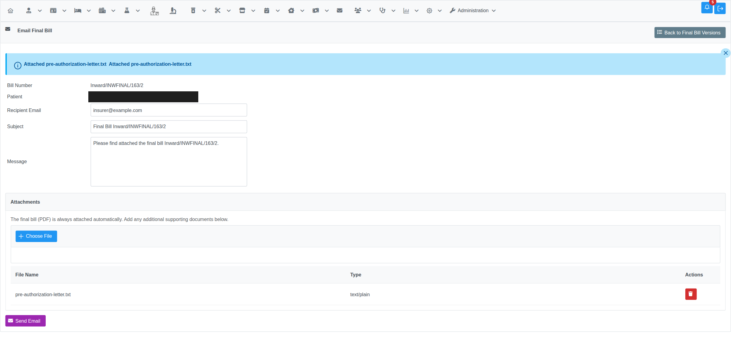 Email Final Bill review page with editable subject/body and attachments