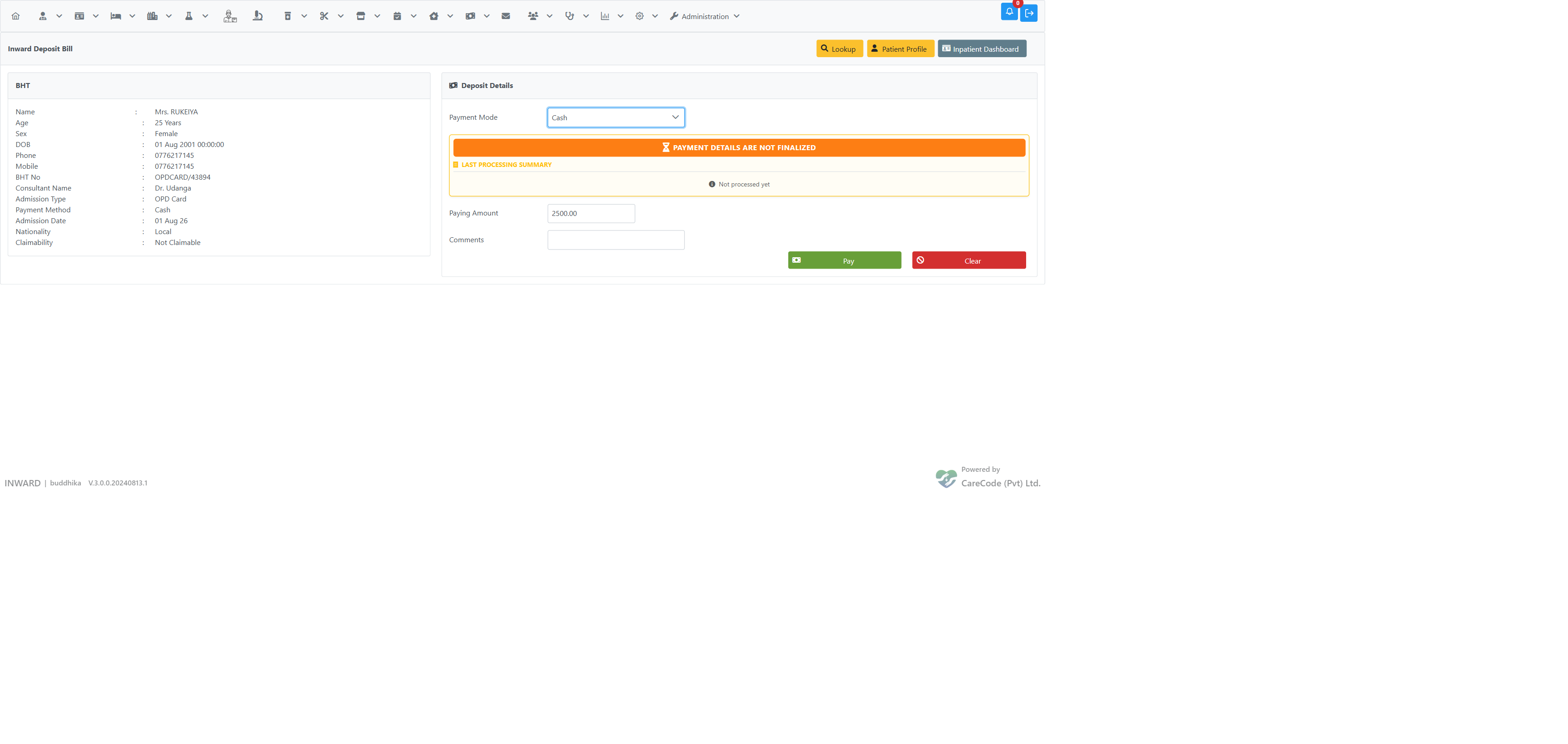 Make a Deposit form filled in, ready to submit