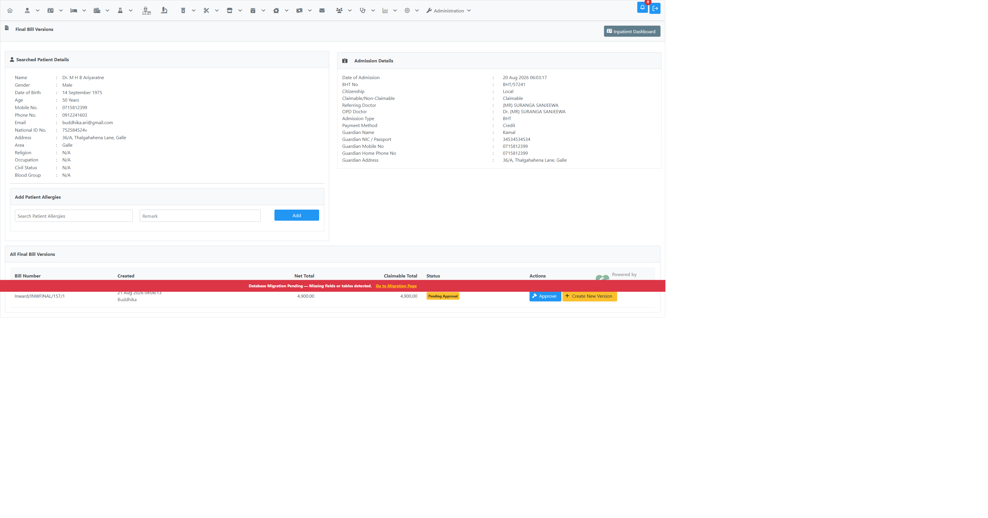 Manage Final Bills list showing a Pending Approval row with only Approve available