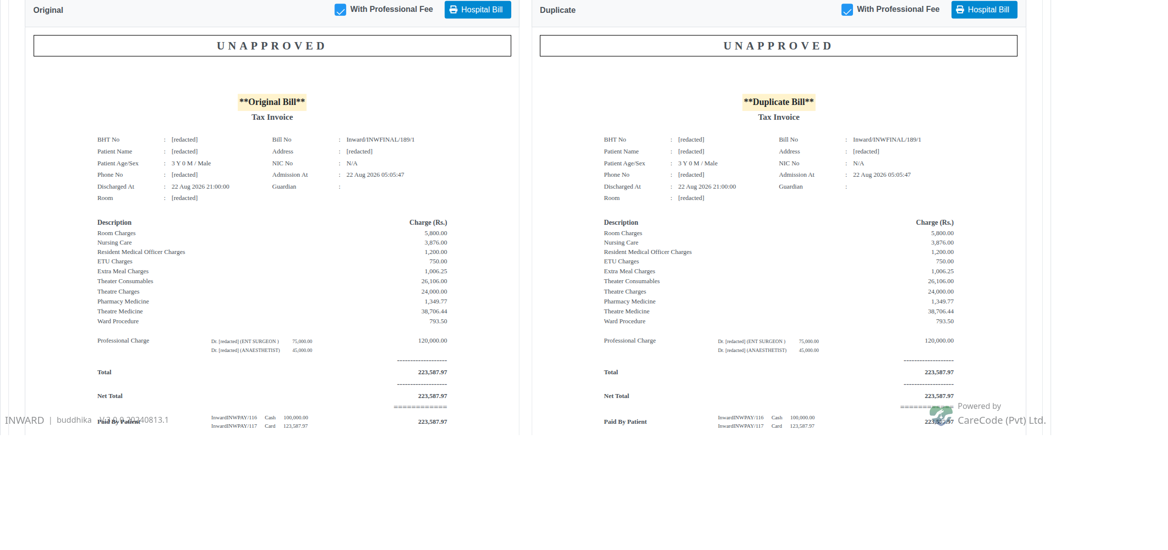 Final Bill tab after opening a version via Manage Final Bills, With Professional Fee ticked and Net Total matching the versions list