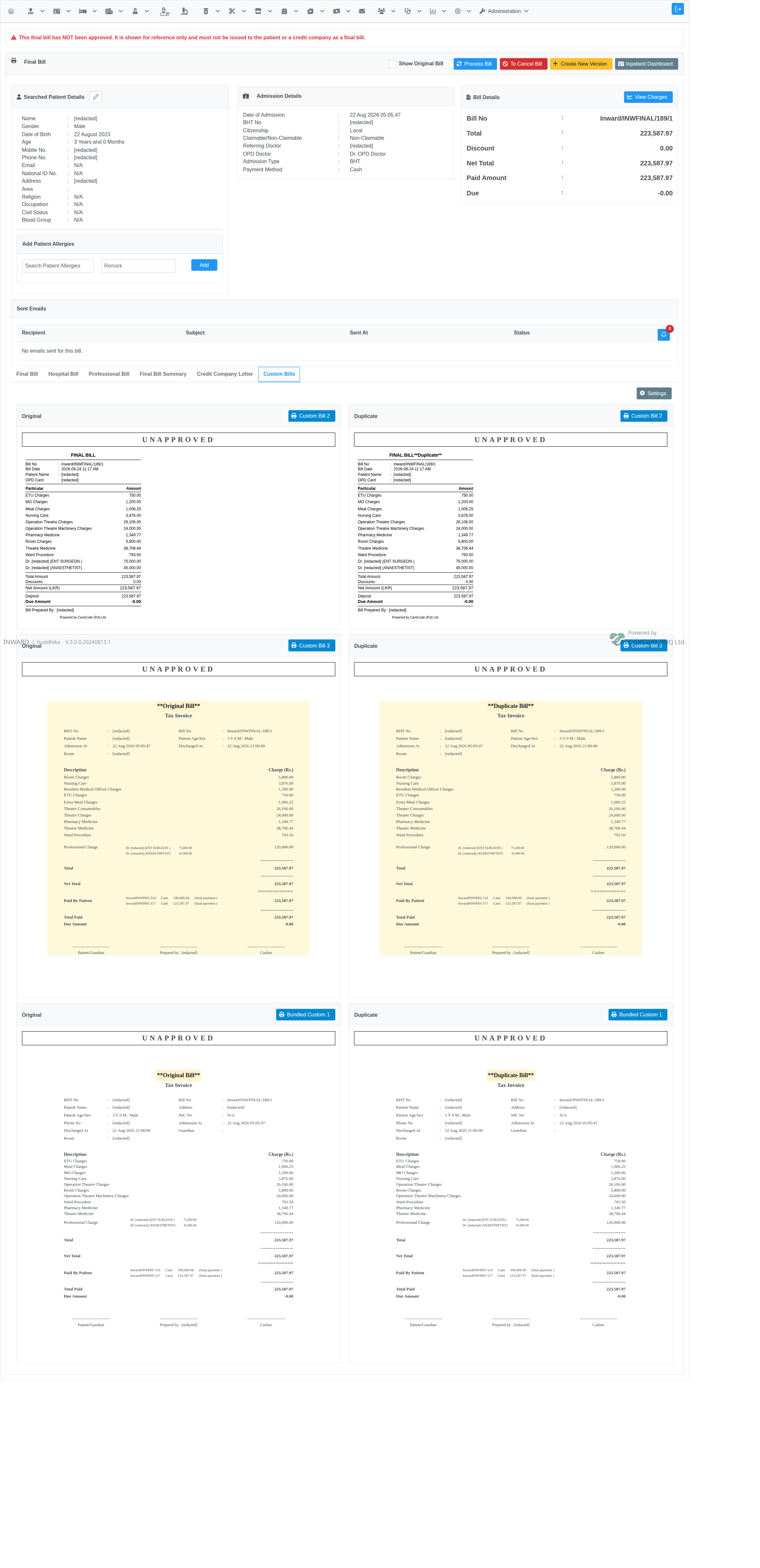Custom Bills tab showing Custom Bill 2, Custom Bill 3 and Bundled Custom 1 formats all with the same Net Total