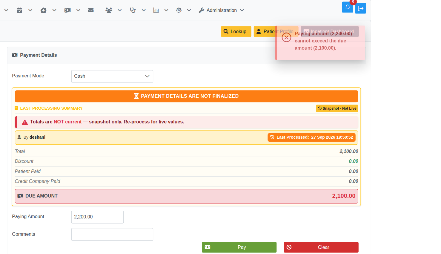 Make a Payment rejecting an amount above the due