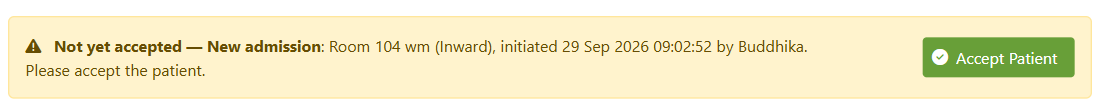 Pending acceptance banner — request for the logged-in department, with the Accept Patient button