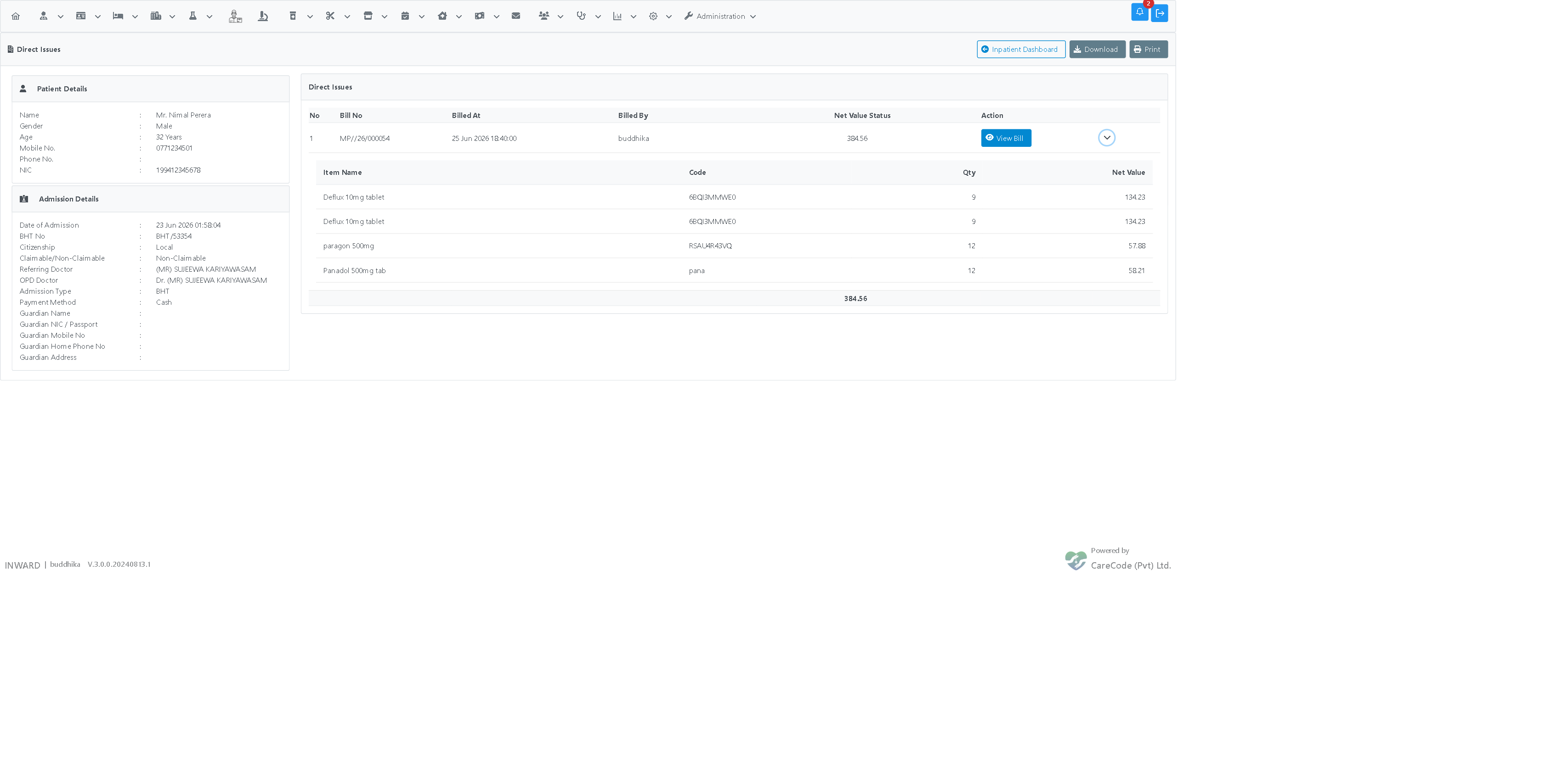 Direct Issues page with an expanded row showing item-level detail