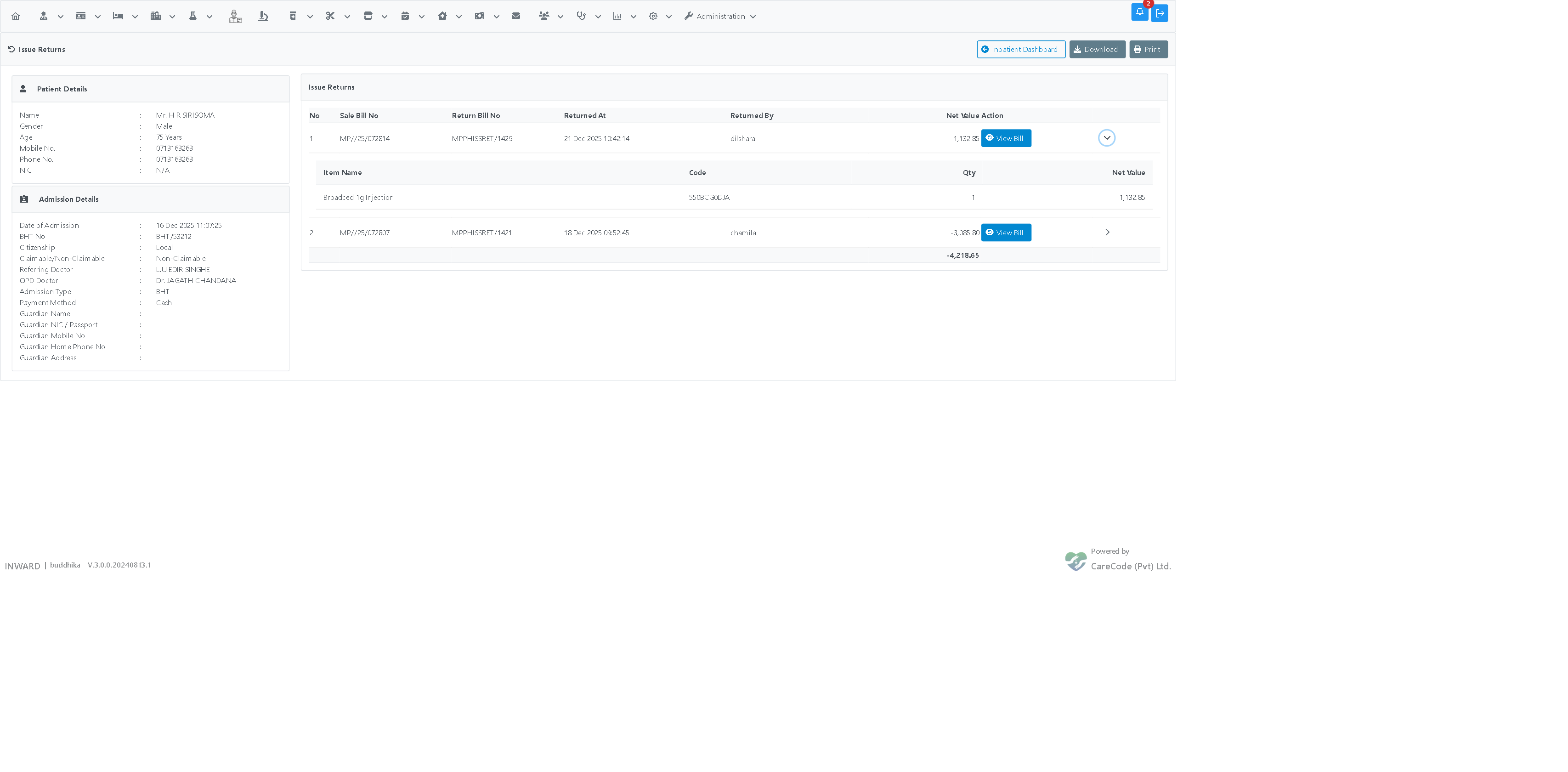 Issue Returns page with an expanded row showing the returned item