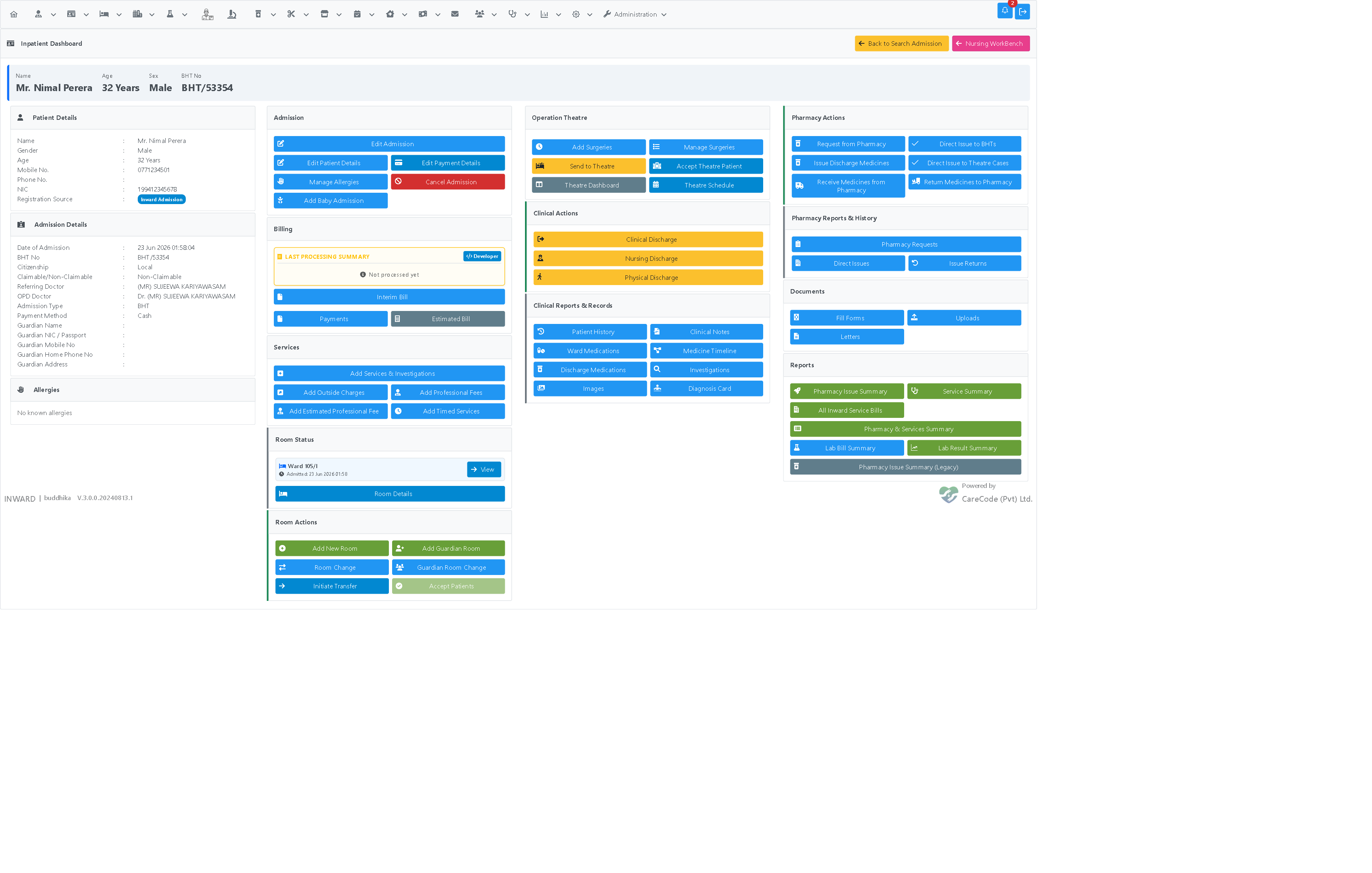 Patient identity banner and Actions/Reports panel layout