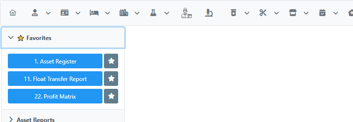 Favorites tab listing starred reports from multiple categories