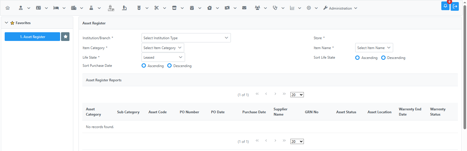 Asset Register report page opened from the Favorites tab