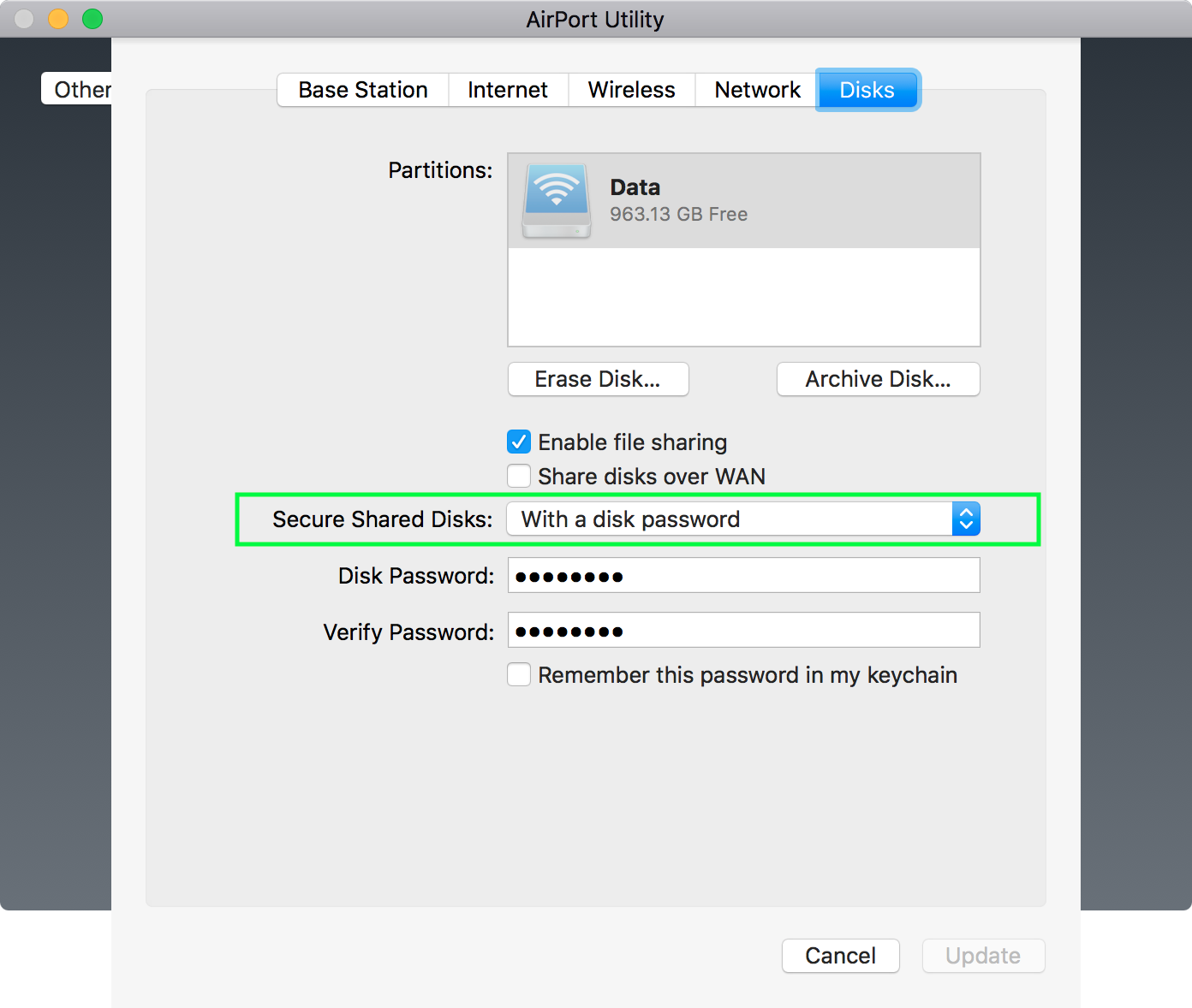 AirPort Utility secure disk settings