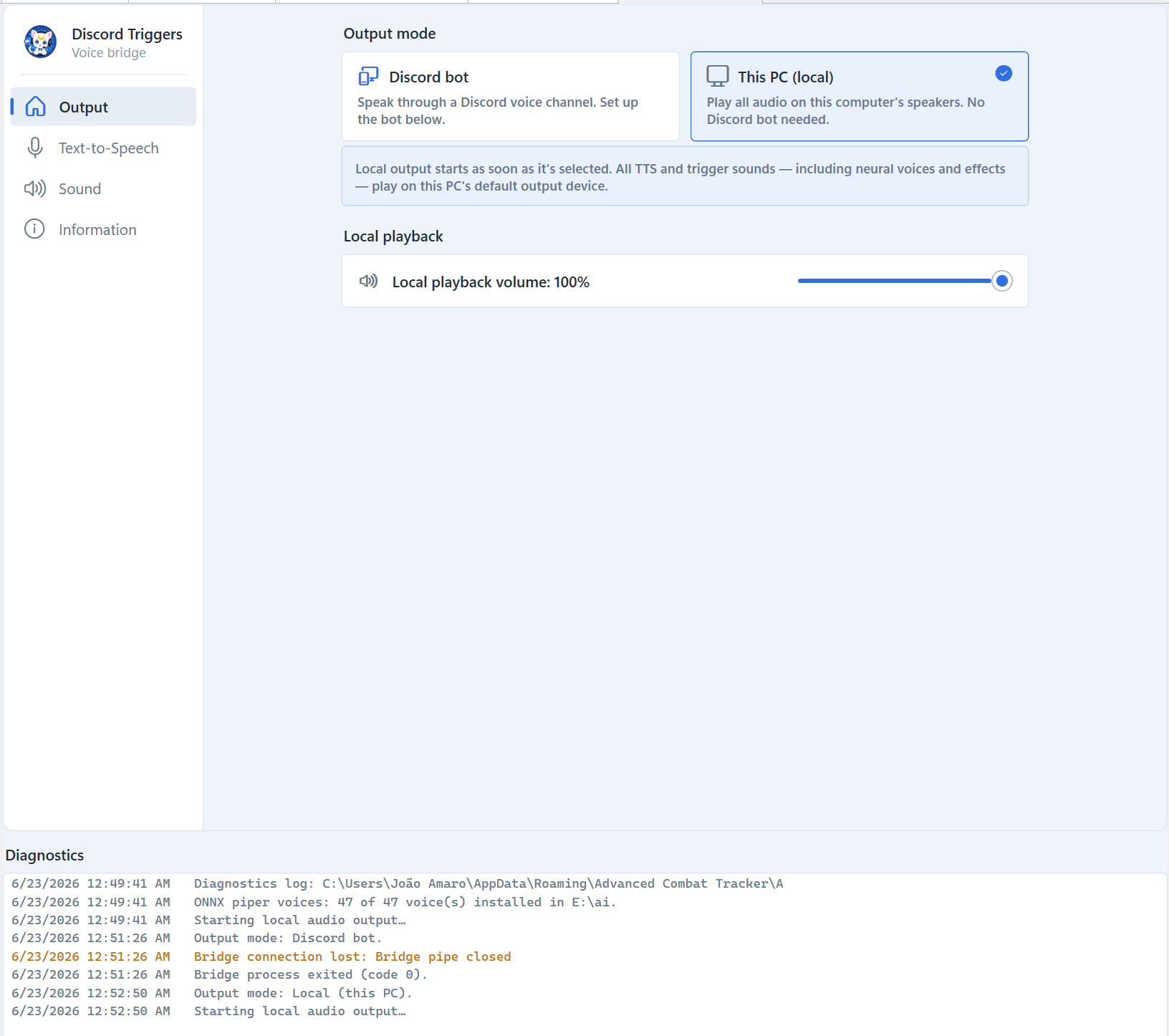The Output page in This PC (local) mode — the local-playback volume control