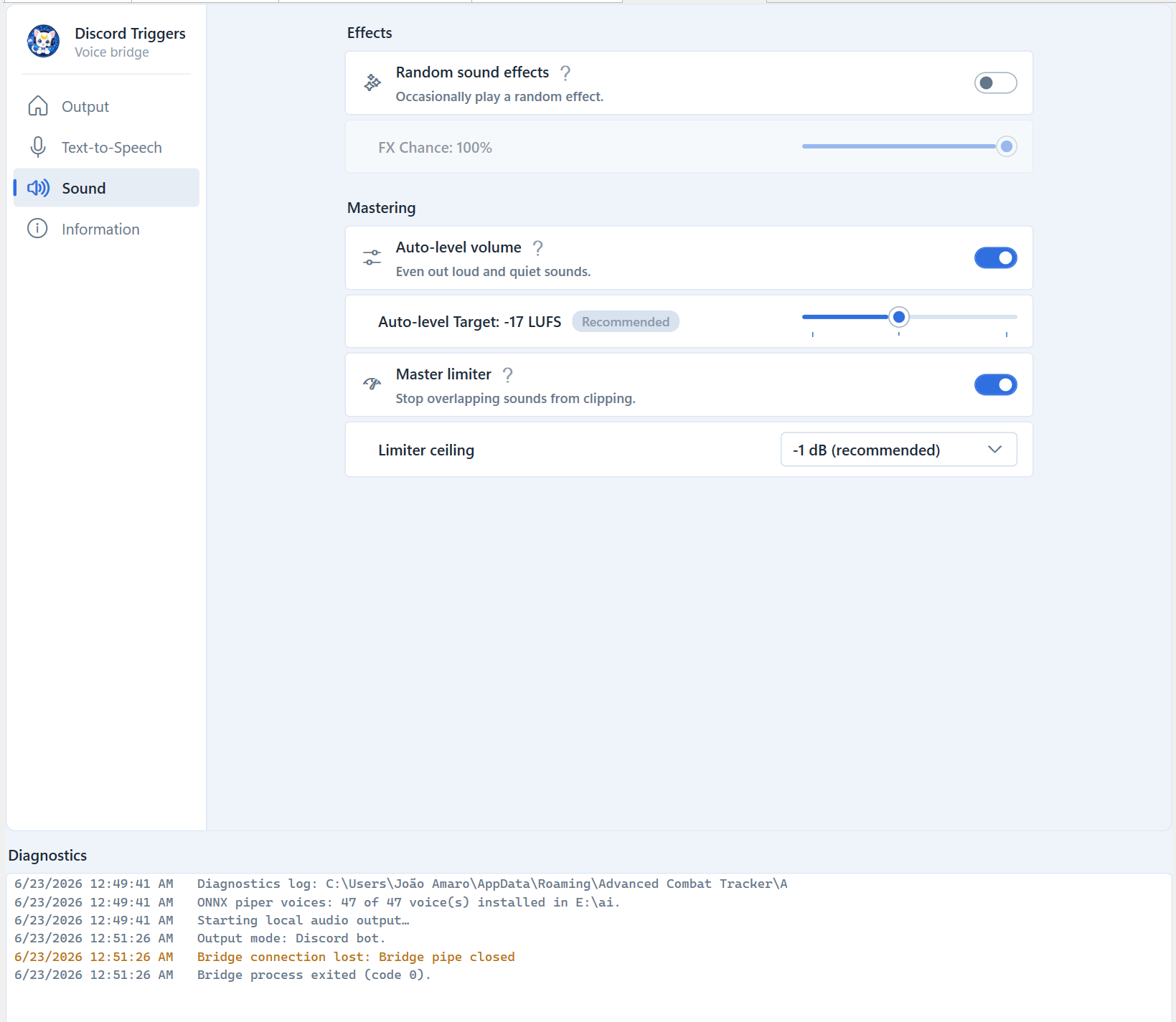 The Sound page of the Discord Triggers tab