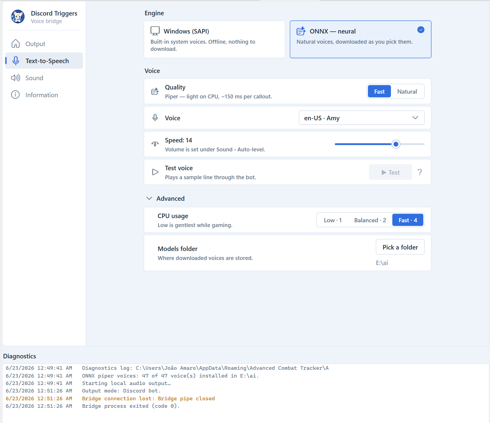 The Text-to-Speech page of the Discord Triggers tab
